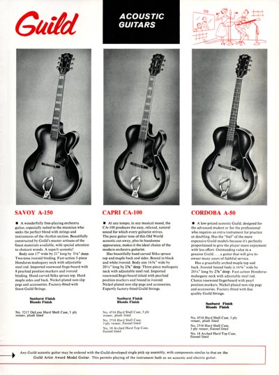 1968 Guild guitar catalog page 11 - Guild A-50 Cordoba, CA-100 Capri and A-150 Savoy arch top acoustics