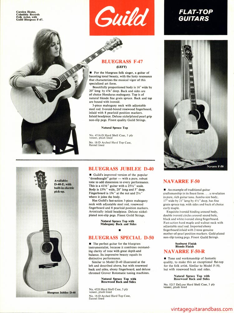 1968 Guild guitar catalog, page 12: Guild D-40, D-50, F-47, F-50 and F-50R flat-top acoustics