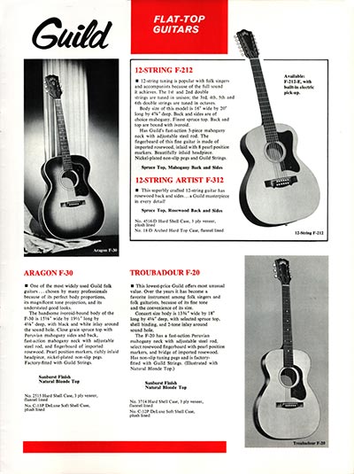 1968 Guild guitar catalog page 13 - Guild F-20 Trobadour, F-30 Aragon, F-212 and F-312 Artist flat top acoustics