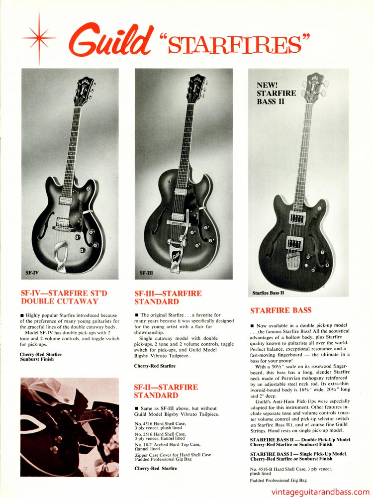 1968 Guild guitar catalog, page 3: Guild Starfire II, Starfire III, Starfire IV and Starfire Bass