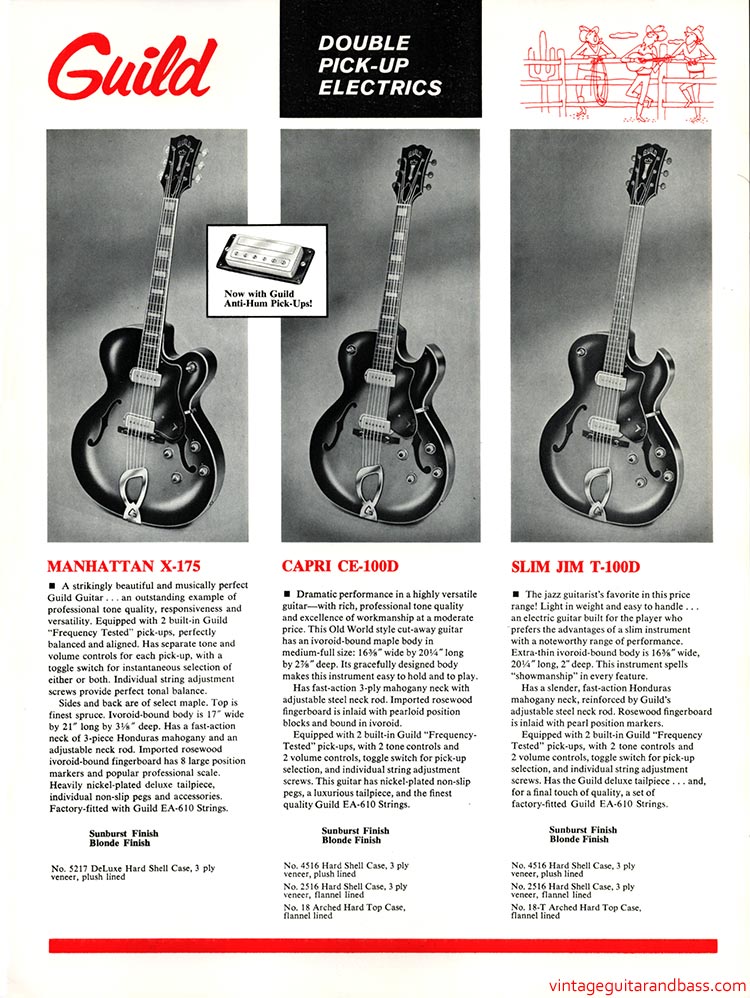 1968 Guild guitar catalog, page 5: Guild Manhattan X-175, Capri CE-100D, Slim Jim T-100D