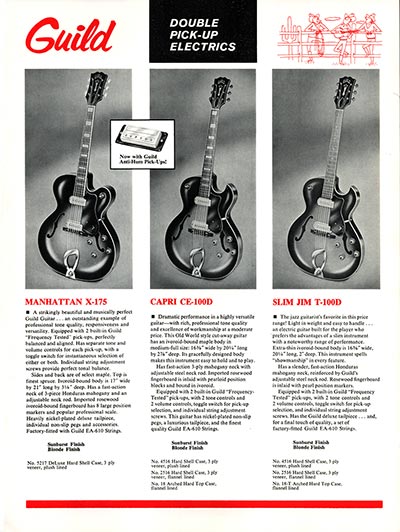 1968 Guild guitar catalog page 5 - Guild Manhattan X-175, Capri CE-100D, Slim Jim T-100D