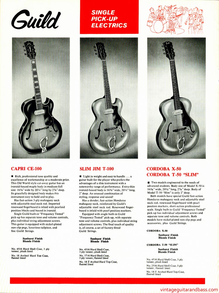 1968 Guild guitar catalog, page 6: Guild Capri CE-100, Slim Jim T-100 and Cordoba X-50 / T-50