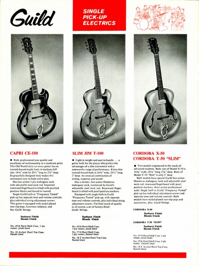 1968 Guild guitar catalog page 6 - Guild Capri CE-100, Slim Jim T-100 and Cordoba X-50 / T-50