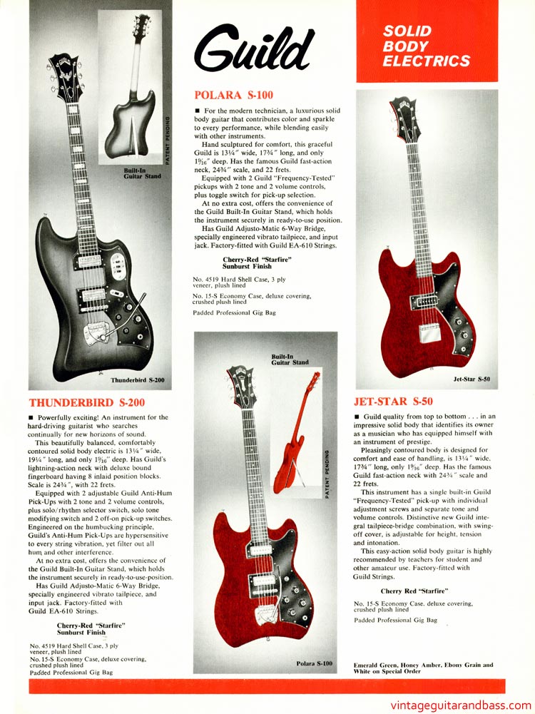 1968 Guild guitar catalog, page 7: Guild Jet-Star S-50, Polara S-100 and Thunderbird S-200