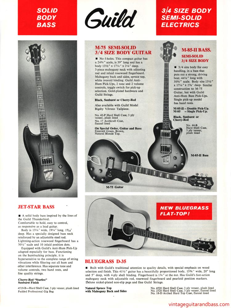 1968 Guild guitar catalog, page 8: Guild M-75 guitar, M-85 and Jet-Star basses, and D-35 Bluegrass flat-top acoustic