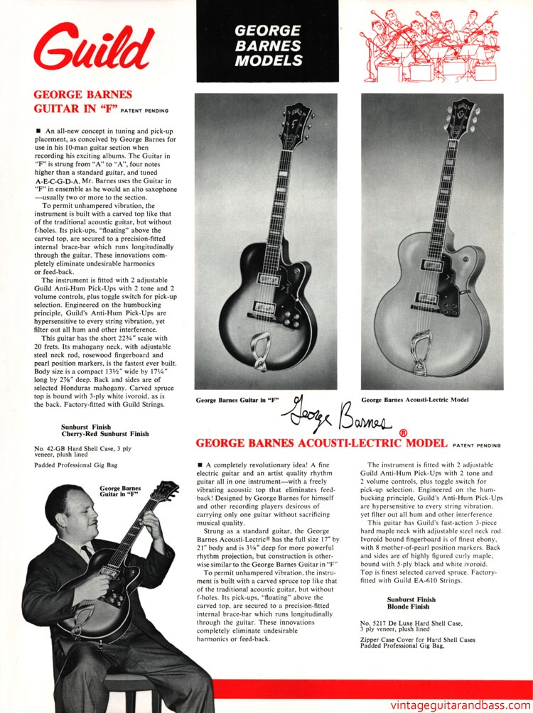 1968 Guild guitar catalog, page 9: Guild George Barnes Guitar in "F" and George Barnes Acousti-Lectric model