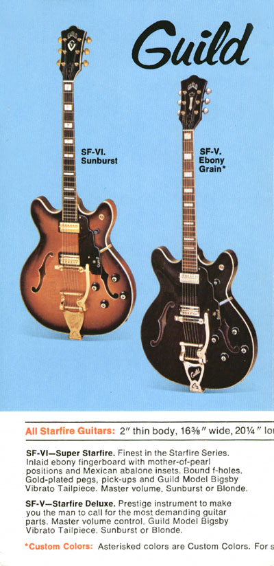 1969 Guild electric guitar and bass catalog, page 2: SF-V (Starfire Deluxe) and SF-VI (Super Starfire)