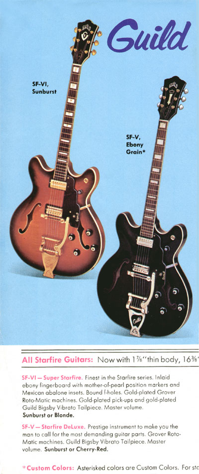 1970 Guild electric guitar and bass catalog, page 2: SF-V (Starfire Deluxe) and SF-VI (Super Starfire)