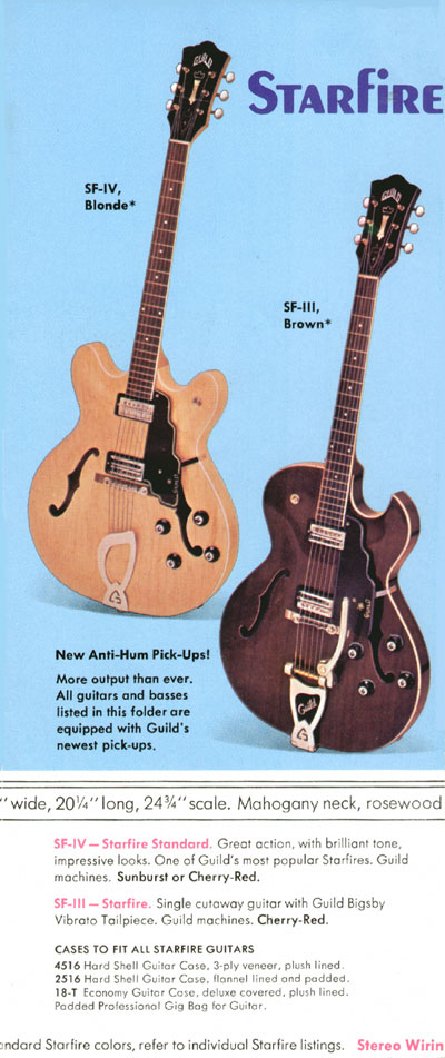1970 Guild electric guitar and bass catalog, page 3: SF-II, SF-III (Starfire) and SF-IV (Starfire Standard)