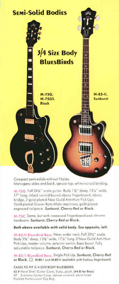 1970 Guild electric guitar and bass catalog, page 8: M-75, M-85-I and M-85-II