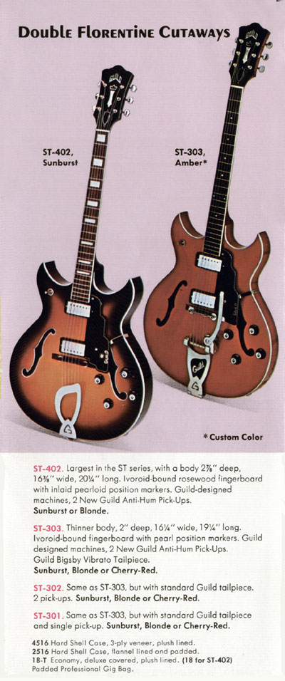 1970 Guild electric guitar and bass catalog, page 9: the ST-301, ST-302, ST-303, ST-402