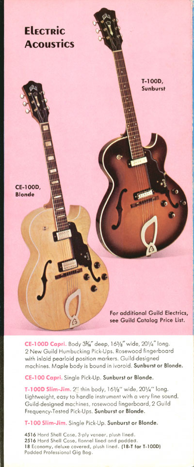 1971 Guild electric guitar and bass catalog, page 5: CE-100D Capri and T-100D Slim Jim guitars
