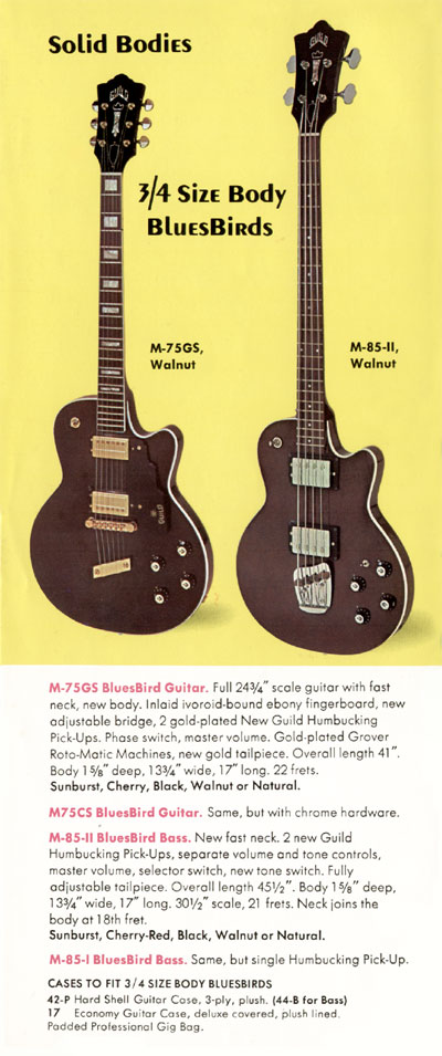 1971 Guild electric guitar and bass catalog, page 8: M-75, M-85-I and M-85-II
