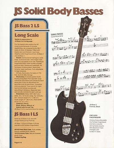1975 Guild 'Electric Guitars and Basses' catalog page 10 - Guild JS Bass 1LS and JS Bass 2LS
