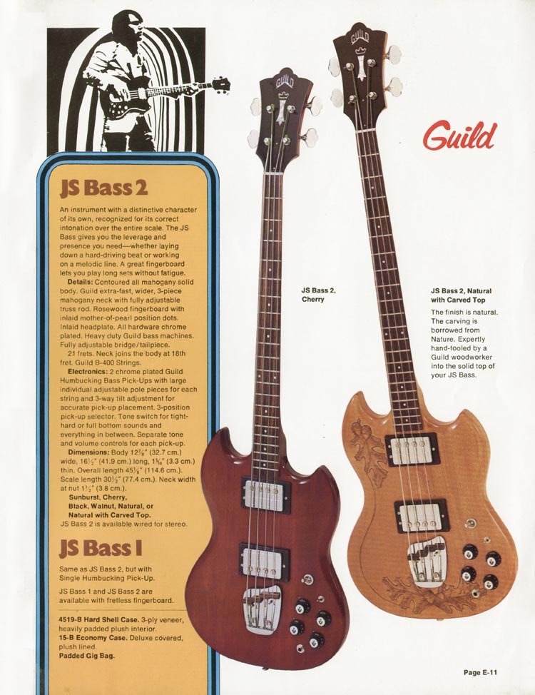 1975 Guild electric guitar and bass catalog, page 11: Guild JS Bass 1 and JS Bass 2