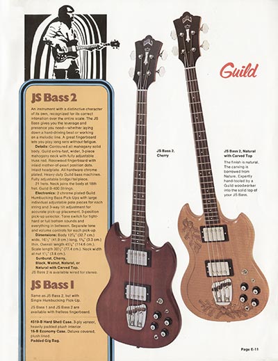 1975 Guild 'Electric Guitars and Basses' catalog page 11 - Guild JS Bass 1 and JS Bass 2