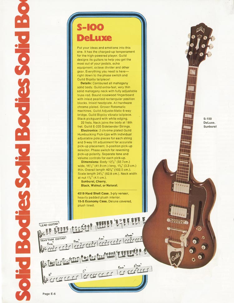 1975 Guild electric guitar and bass catalog, page 6: Guild S-100 Deluxe