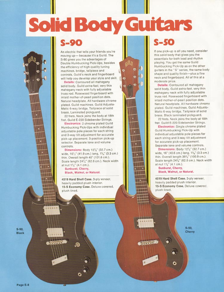 1975 Guild electric guitar and bass catalog, page 8: S-50 and S-90