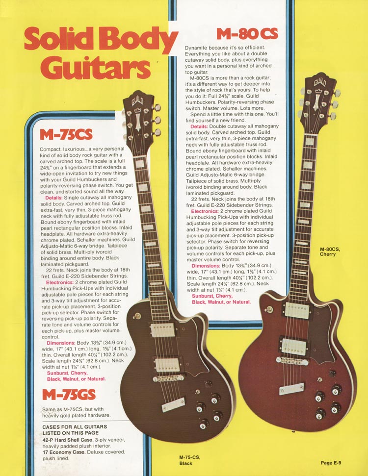 1975 Guild electric guitar and bass catalog, page 9: the M-75 and M-80