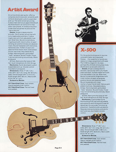 1978 Guild electrics catalog page 4 - Guild Artist Award, and X-500