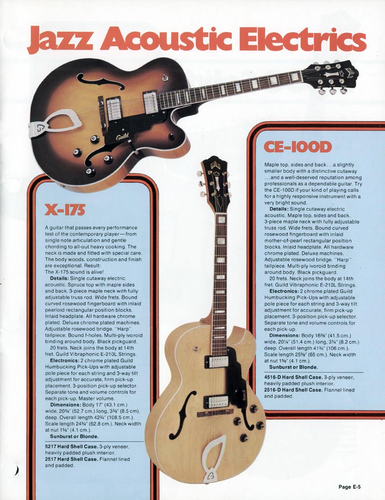 1978 Guild electrics catalog, page 5: CE-100D and X-175 guitars