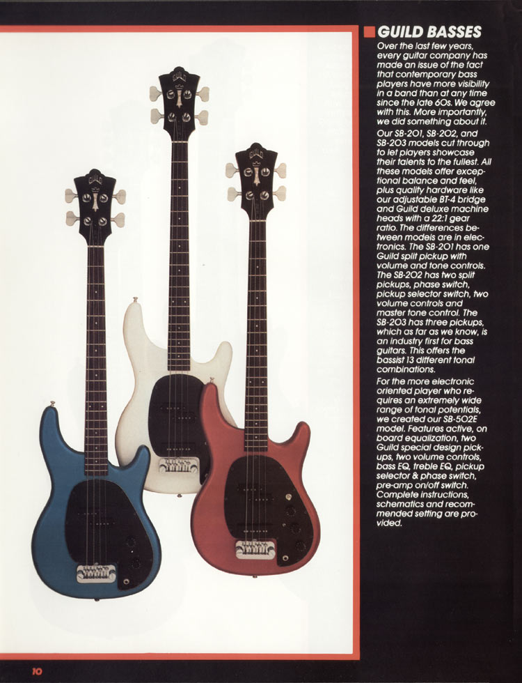 1982 Guild electric guitar catalog, page 12: the Guild SB-201, SB-202 and SB-203 bass guitars
