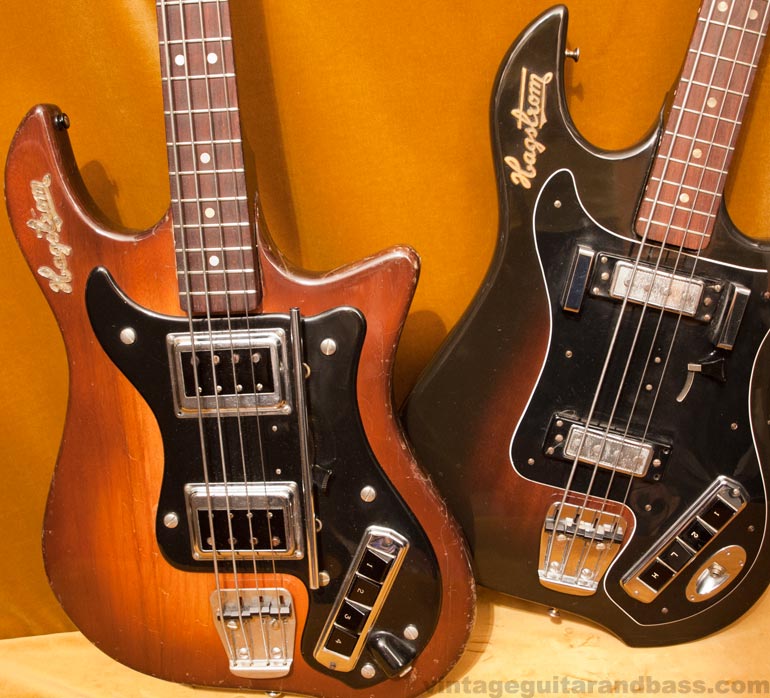 Two Hagstrom Coronado bass guitars: left, a 1964 Coronado I with Bi-Sonic pickups; right a 1966 Coronado IV with small single coils