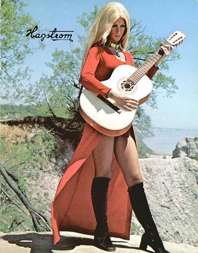 1972 Hagstrom electric guitar and bass catalog front cover, featuring Kathy Robertson