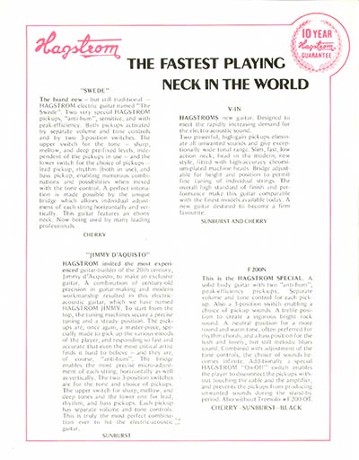 1972 Hagstrom electric guitar and bass catalog, page 2 - Description / specifications for the Hagstrom Swede, V-1N, Jimmy D