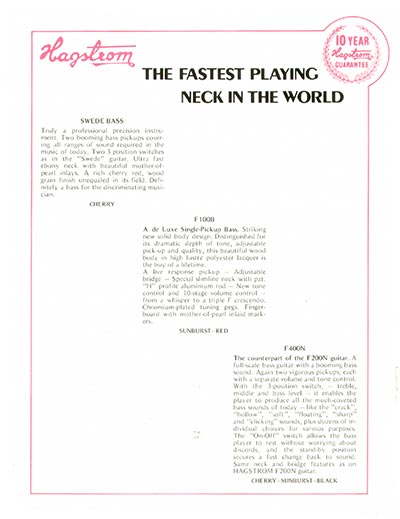 1972 Hagstrom electric guitar and bass catalog, page 4 - Description / specifications for the Hagstrom Swede, F100B, and F400N basses