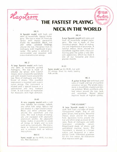 1972 Hagstrom electric guitar and bass catalog, page 6 - Description / specifications for the HC2, HC3, HC4, HC5, H33, H45, H45-E and "The Classic" acoustic guitars