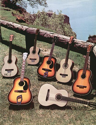1972 Hagstrom electric guitar and bass catalog, page 7 - Hagstrom acoustic guitar image,models: HC2, HC3, HC4, HC5, H33, H45, H45-E and "The Classic"