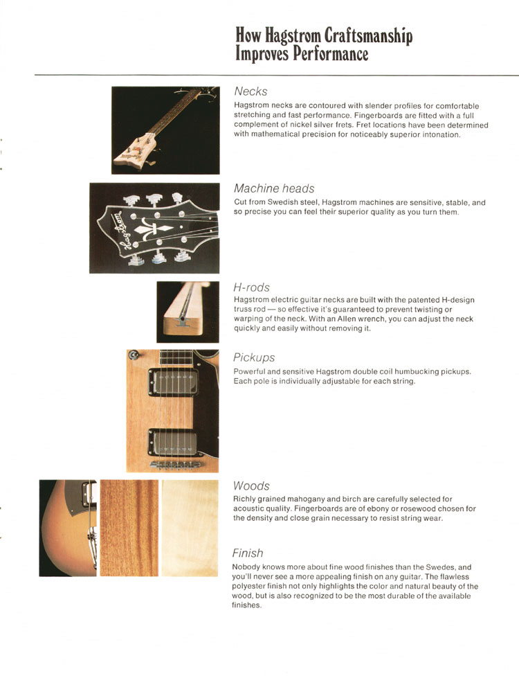 1975 Hagstrom electric guitar and bass catalog, page 11: Details of various Hagstrom components: necks, machine heads, H-rods, pickups, woods and finishes