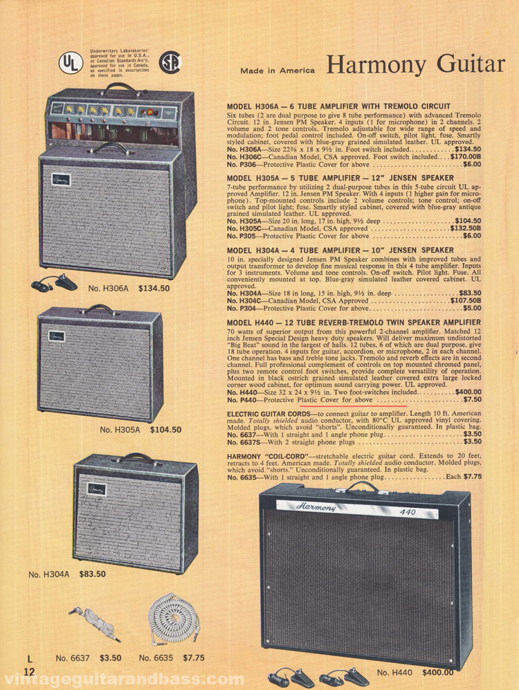 1965 Harmony guitar, bass and amplifier catalog, page 12: Harmony H304A, H305A, H306A and H440 amplifiers