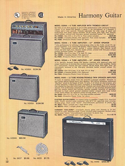 1965 Harmony guitar, bass and amplifier catalog, page 12