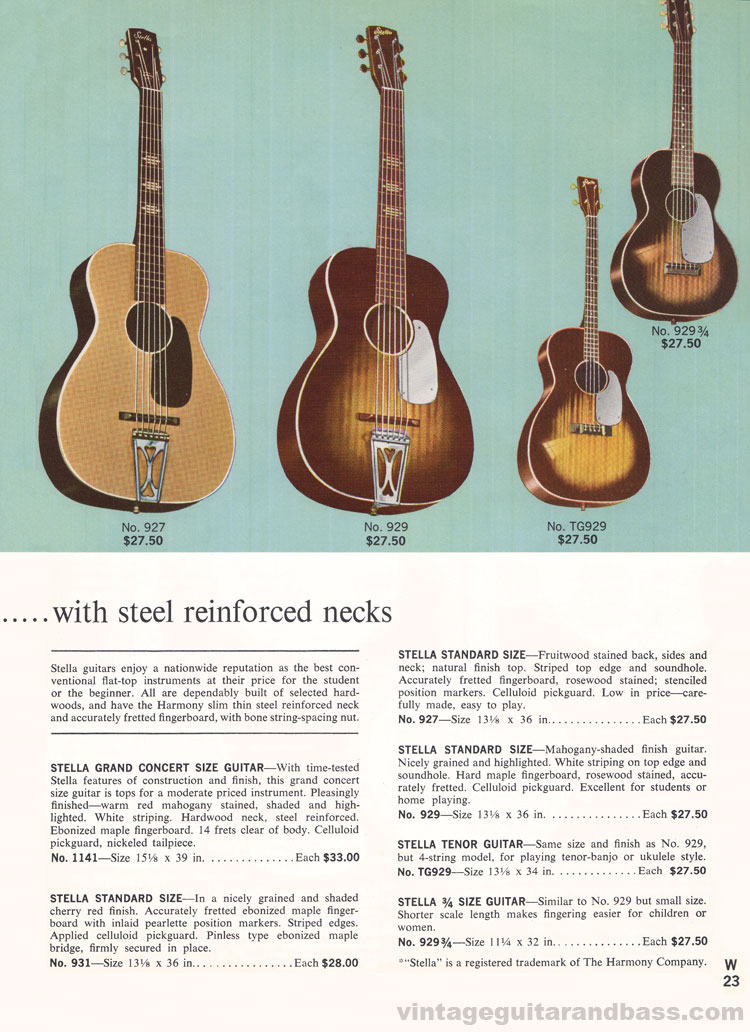 1965 Harmony guitar, bass and amplifier catalog, page 23: Stella 1141, 927, 929 and 931 flat top acoustic guitars