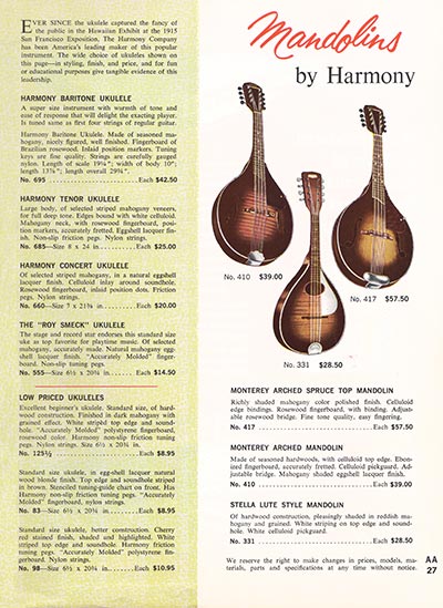 1965 Harmony guitar, bass and amplifier catalog, page 27