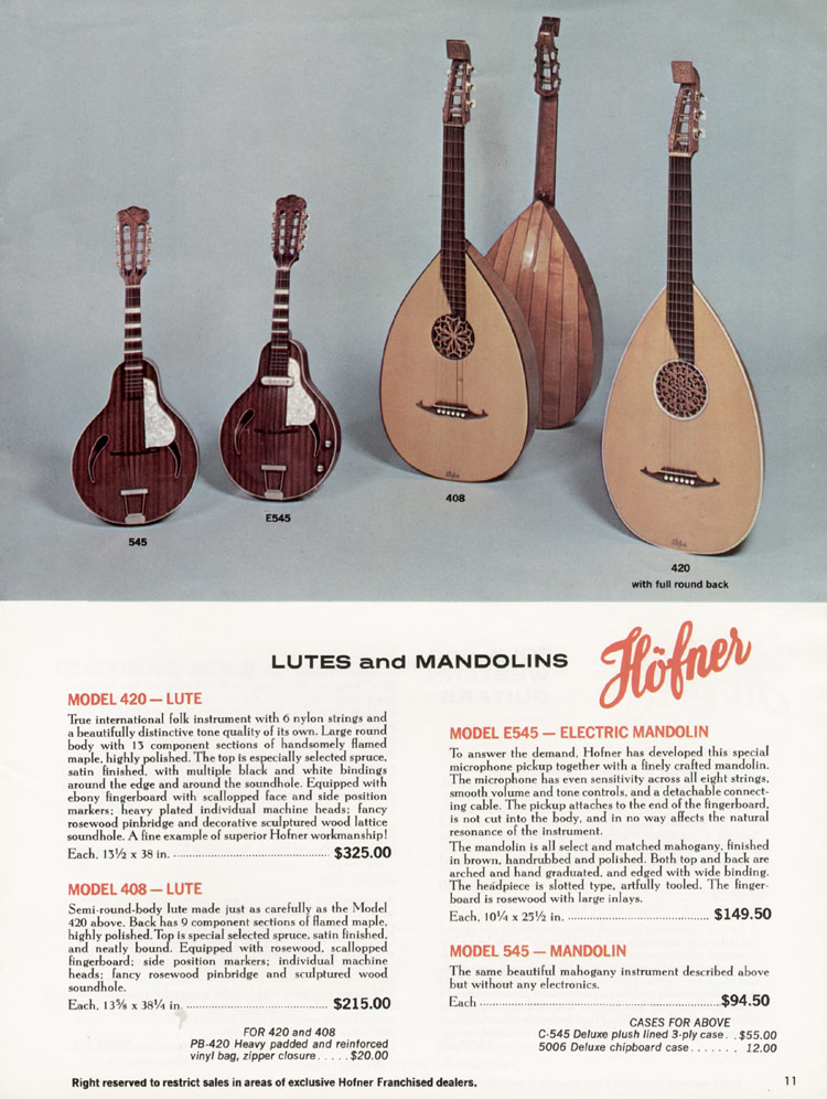1967 Hofner Fine Professional Guitars And Electric Basses catalog, page 11: Lutes and Mandolins