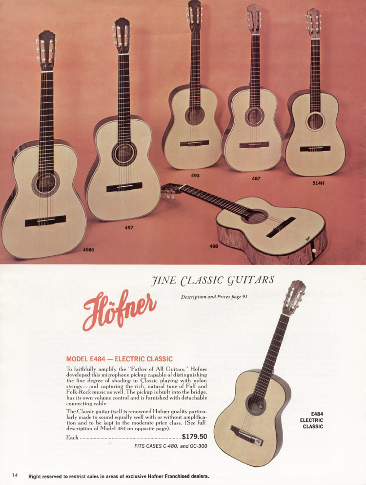 1967 Hofner Fine Professional Guitars And Electric Basses catalog, page 14: Hofner E484, 487, 493, 497, 498, 4980, 514H