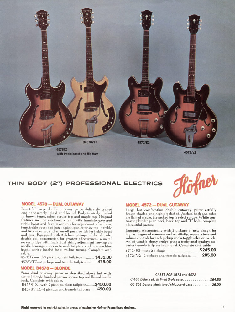 1967 Hofner Fine Professional Guitars And Electric Basses catalog, page 7: Hofner 4572 and 4578