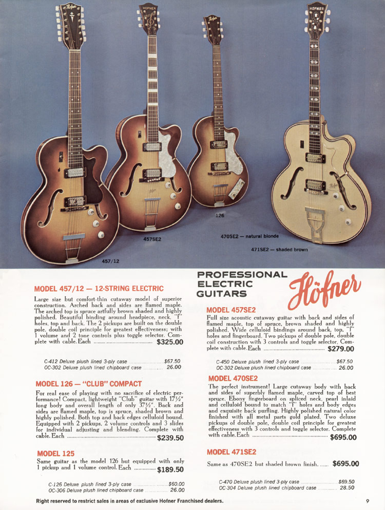 1967 Hofner Fine Professional Guitars And Electric Basses catalog, page 9: Hofner 457/12, 457SE2, 470SE2, 471SE2, 125 and 126