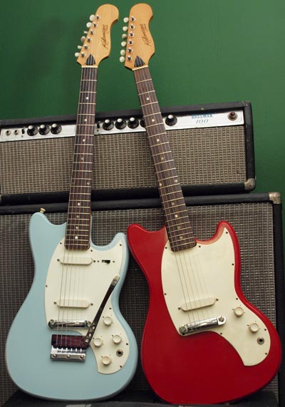 Kalamazoo KG2a (blue) and KG1 (red) guitars, both built in 1966