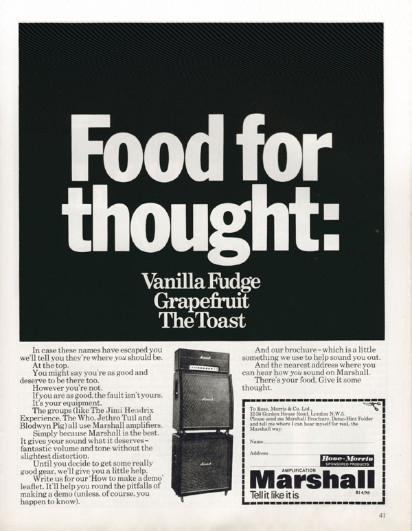 Marshall advertisement (1970) Food For Thought. Vanilla Fudge. Grapefruit. The Toast.