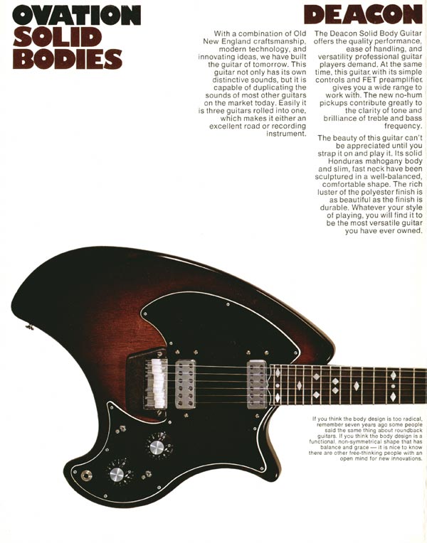 1975 Ovation solid bodies catalog page 2 - Ovation Deacon