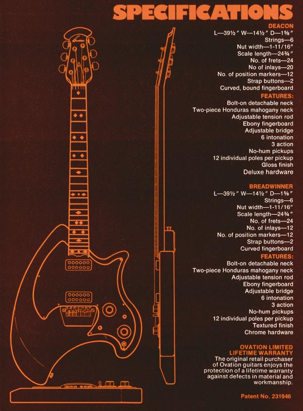 1975 Ovation solid bodies catalog page 4 - Specifications of the Deacon and Breadwinner guitars
