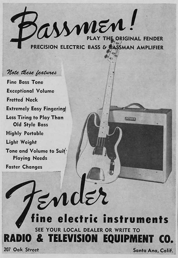 Fender advertisement (1953) Bassmen! Play the original Fender Precision electric bass & Bassman amplifier