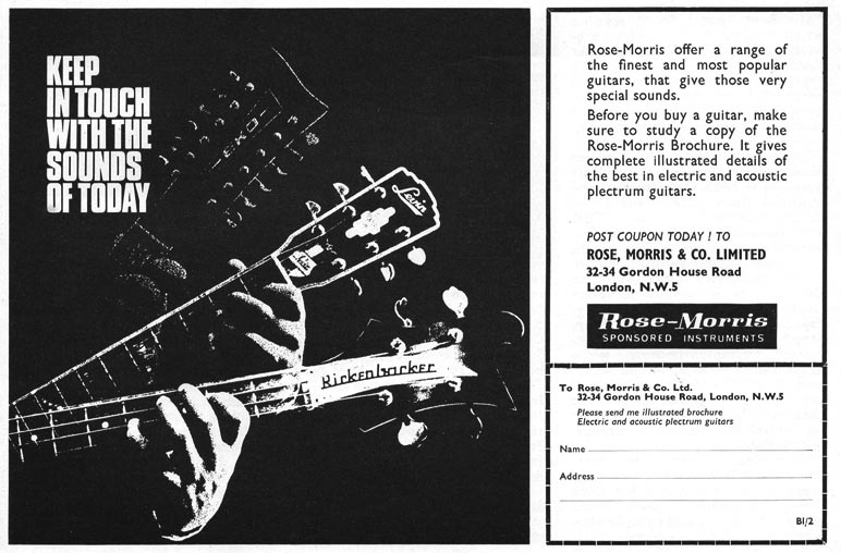 1967 advert for Rose-Morris guitars. This ad highlights some of the brands distributed at the time: Eko, Levin and Rickenbacker