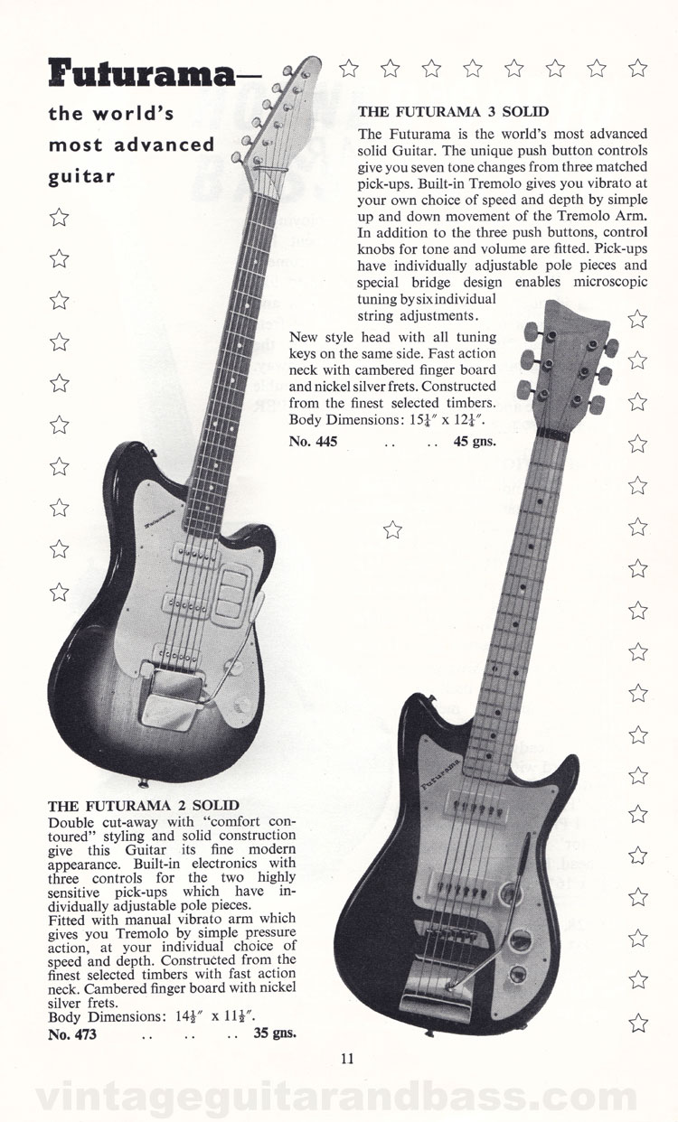 1960 Selmer Hofner guitar catalog page 11 - details of the Futurama 2 and Futurama 3 solid body guitars