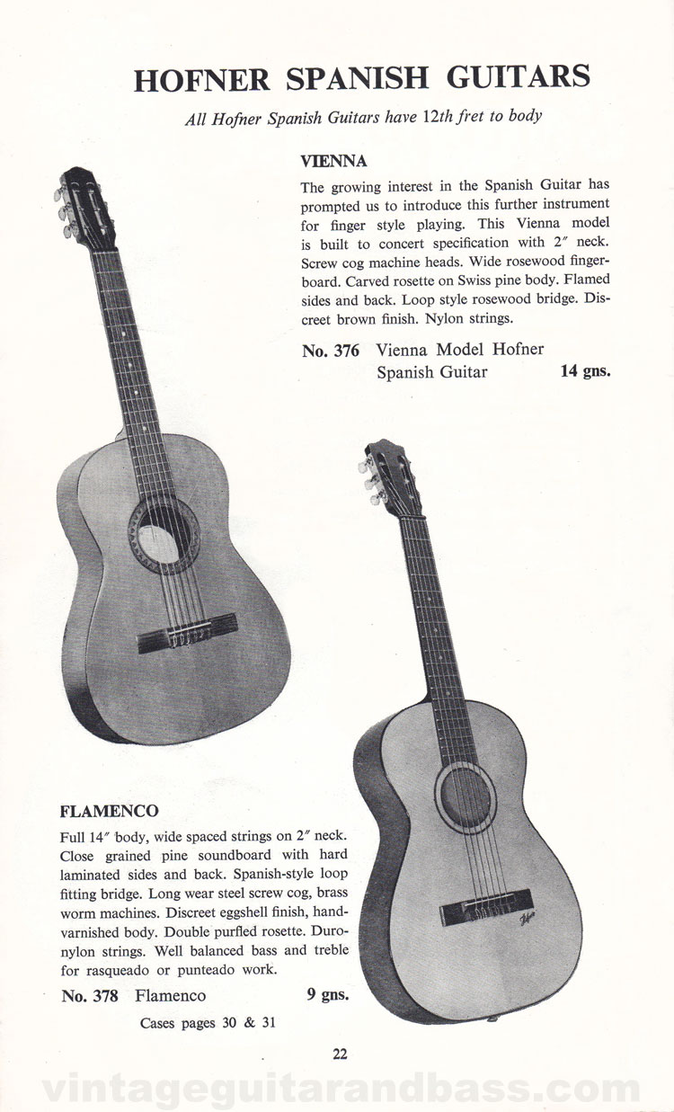 1960 Selmer Hofner guitar catalog page 22 - details of the Hofner Vienna and Flamenco acoustic guitars